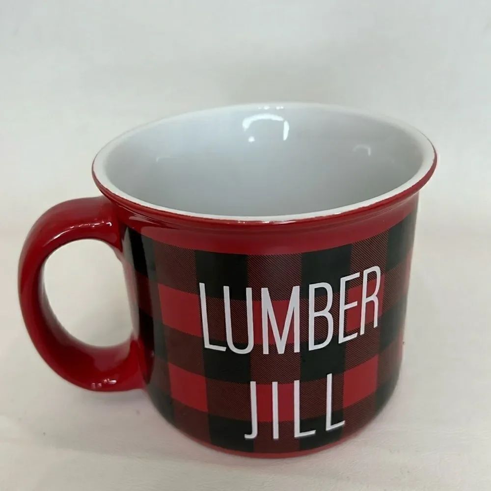 World Market Lumber Jill Coffee Mug White Red Black Handle 14 Ounce Cocoa Tea